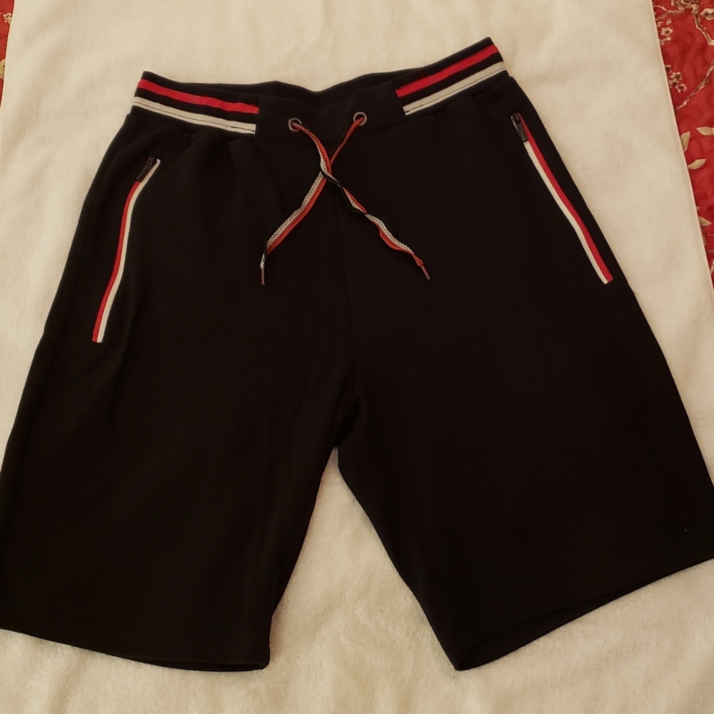 Men's shorts,black/red stripe,size 30,drawstring waist,zipper pockets